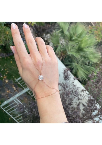 Zirkon Taşlı Yonca Rose Gold Kaplama 925 Ayar Gümüş Şahmeran Gümüş