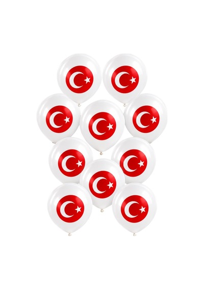 Türk Bayrağı Baskılı Beyaz Lateks Balon 10'lu Set 12 İnç Milli Bayram Parti Balonu Çok Renkli