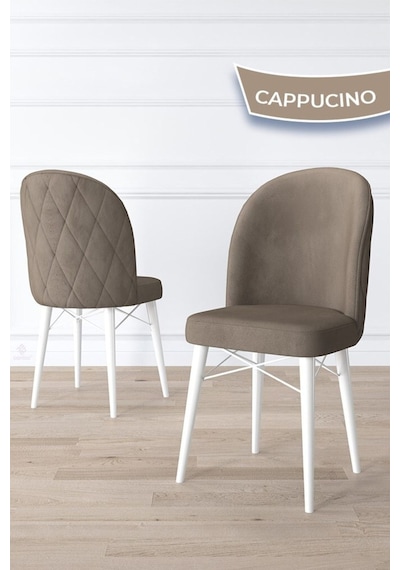 Canisa Bika Serisi 6 Adet Cappucino Mutfak Sandalyesi Beyaz Gürgen Ayaklı 1. Sınıf Babyface Kumaş Sandalye Cappucino Ayakları Beyaz