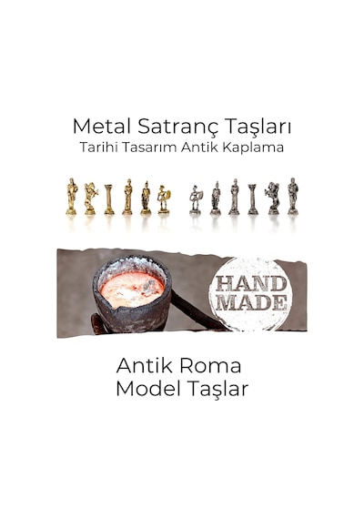 Mc42 Antik Roma Metal Satranç Takımı - Mermer Desenli 25cm Tahta El Yapımı Taşlar