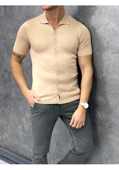 Modefendi Slim Fit Polo Yaka Triko Pamuk Kısa Kollu Gömlek Krem