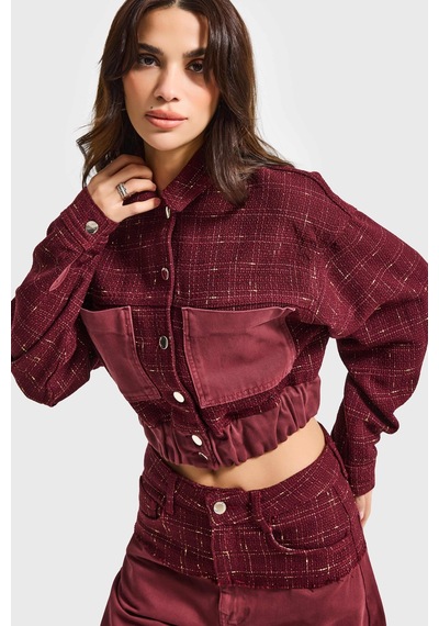 Kadın Bordo 6w6-35 Dokuma Denim Kumaş Karışımlı Önü Düğmeli Özel Tasarım Bomber Ceket