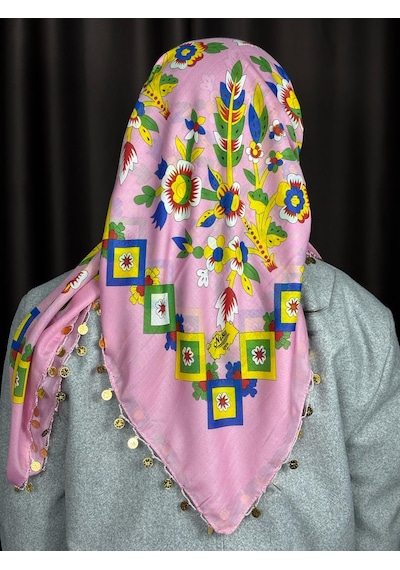 Çengelköy Desenli Pullu Yazma 100x100 Cm Etnik Çiçekli Başörtüsü Çeyizlik Ve Günlük Açık Pembe