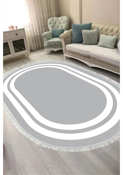 Dijital Baskılı Oval Salon Halısı Kaymaz Yıkanabilir Keçe Taban Saçaklı Geometrik 1696 Gri Beyaz