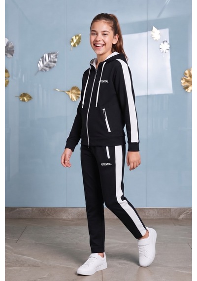 Pina Kids Kız Çocuk Potential Kalın Şeritli Kapüşonlu Düz Paça Dalgıç Kumaş Eşofman Takımı Esf7016 siyah Pina Kids Kız Çocuk Potential Kalın Şeritli Kapüşonlu Düz Paça Dalgıç Kumaş Eşofman Takımı Esf7016 siyah