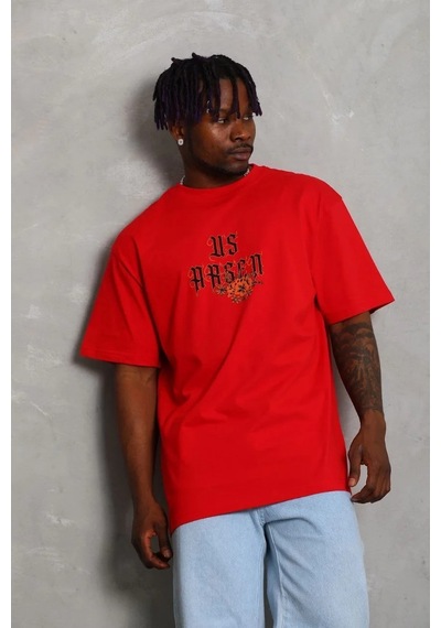 Erkek Baskılı Tişört Kısa Kol Bisiklet Yaka Oversize T-shirt - Kırmızı Kırmızı