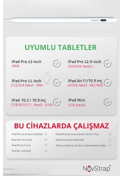Novstrap Apple Uyumlu iPad Pro 13 M4 İle Dokunmatik Tablet Kalemi Dz900 Avuç İçi Reddi Gen3 Stylus Pencil 2 Adet Yedek Uç
