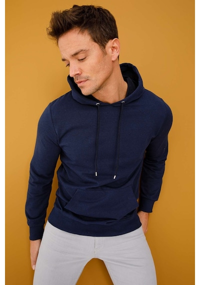 Igs İgs Erkek Lacivert Modernfıt / Ekstra Dar Kalıp Kapşonlu Fermuarsız Sweatshirt Lacivert