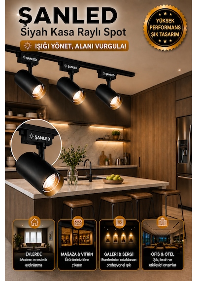 Led Siyah Kasa Gün Işığı 35w Raylı Spot / 8 Adet 3 Metre Ray