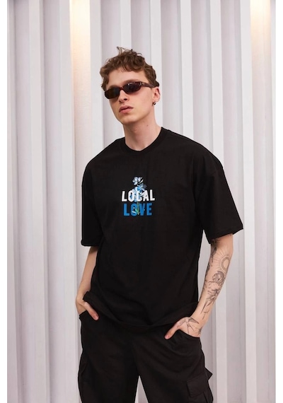 Erkek Bisiklet Yaka Baskılı Oversize Kısa Kol T-shirt - Siyah