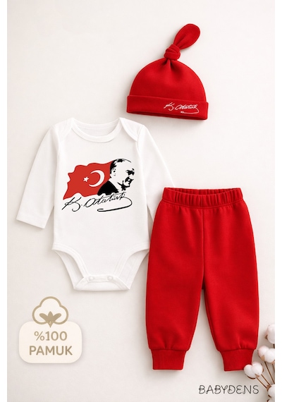 Babyden's Atatürk Baskılı 3 Lü Bebek Takımı %100 Pamuk Uzun Kollu Çıtçıtlı Body Pantolon Şapka Yenidoğan Seti Kırmızı - Beyaz