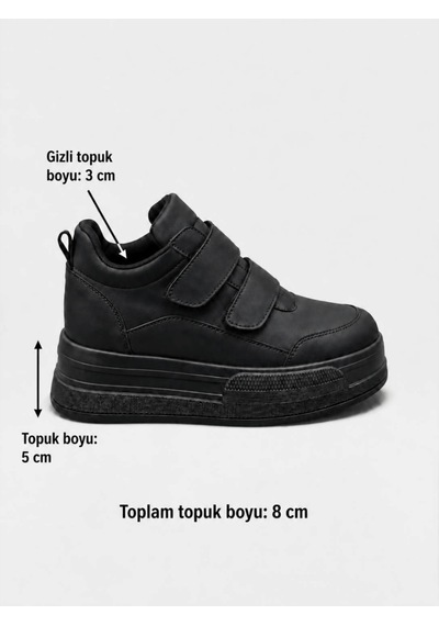 Erva'nın Butiği Siyah Cilt Cerrely Gizli Topuk Dolgu Topuk 8 Cm Boy Uzatan Sneakers-6513