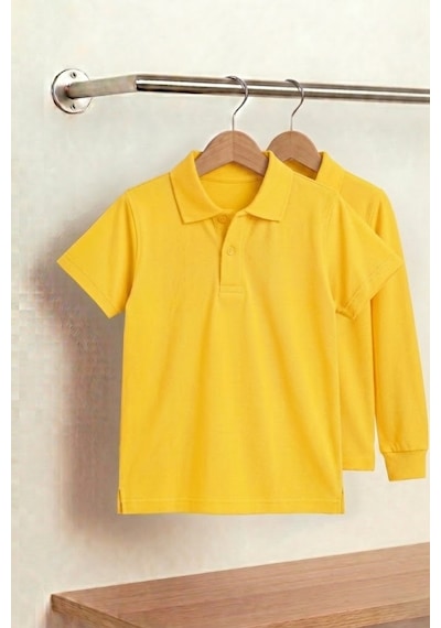Nacar Store Unisex Çocuk Uzun Ve Kısa Kollu Polo Yaka Okul Tişörtü 2'li Set Orta Koyu Sarı