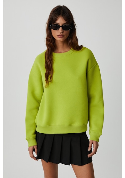Grimelange VANELTINA  Kadın İçi Polarlı 3 İplik Organik Pamuk Oversize Basic Bisiklet Yaka Fıstık Yeşili Sweatsh