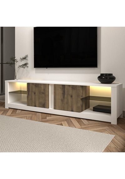 Aydos LED Işıklı Modern TV Sehpası – Cam Raflı, 2 Kapaklı, 180 cm, Beyaz/Antik Ceviz