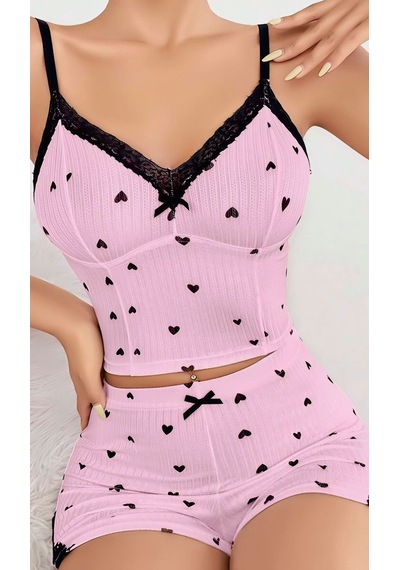 Kadın Pembe Kalp Desenli Askılı Şortlu Pijama Takım 5013