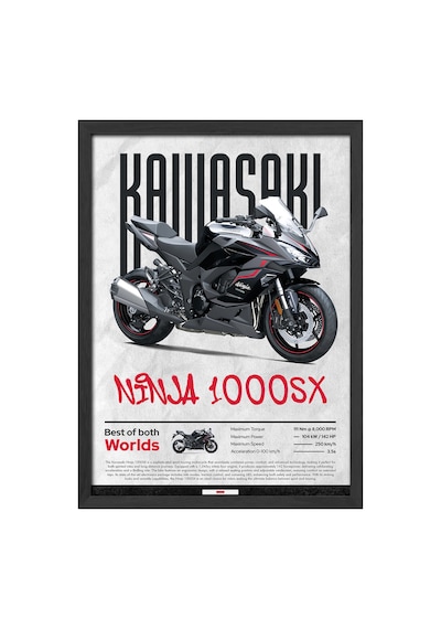 Kawasaki Ninja 1000 Sx Siyah Ahşap Çerçeveli Poster, Dekoratif Motosiklet Duvar Tablosu