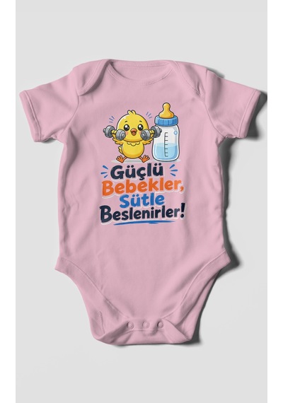 Morivokids Güçlü Bebekler Sütle Beslenir Kısa Kollu Bebek Body %100 Pamuk Koyu Pembe
