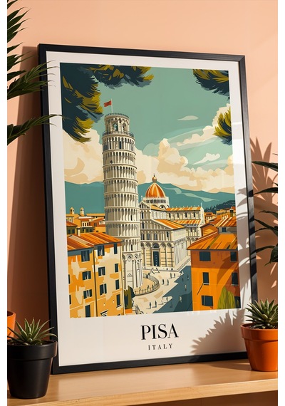 Pisa Italy Vintage Seyahat Posteri Çerçeveli Tablo - Premium Eğik Kule Elit Duvar Dekoru Siyah
