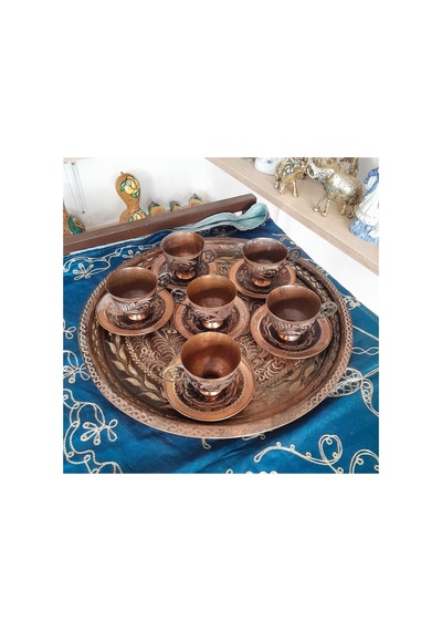 Antika Bakır Tepsili Takım Kahverengi