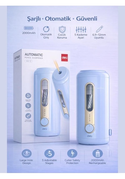 Va10 Mavi Şarjlı Otomatik Elektrikli Kalemtıraş 2000mah 5 Kademe Uç Ayarlı, 6.9-12mm Jumbo Uyumlu, Type-c, Geniş Hazneli