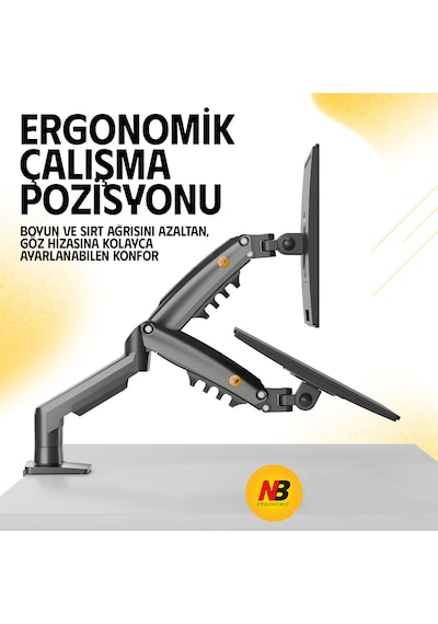 North Bayou Nb-f160 Çift Kollu Amortisörlü Monitör Standı 17"-27" / 2-9 Kg - 360 Hareketli Profesyonel Masa Askı Aparatı