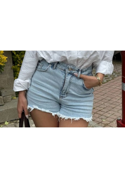 Zara Püsküllü Buz Mavi Jean Şort Buz Mavi