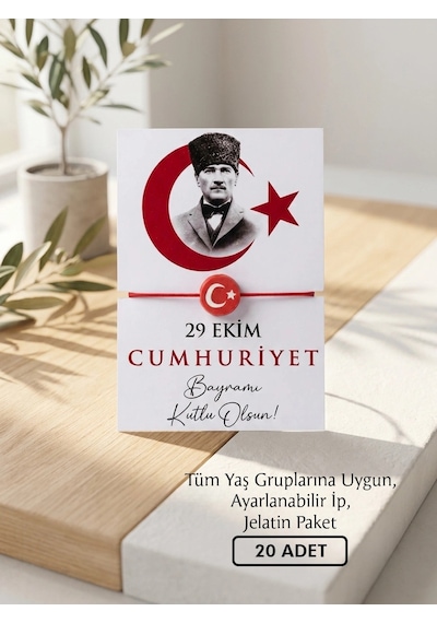 29 Ekim Kartlı Ay Yıldız Hediyelik Bileklik - 20 Adet Kırmızı