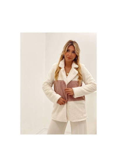 Sateen Çift Renk Peluş Ceket Ekru-pudra