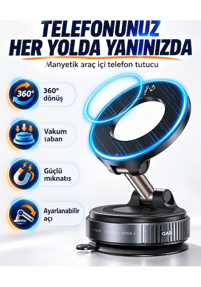 K007 Vakumlu Vantuzlu Manyetik Araç Telefon Tutucu Alüminyum Alaşım Katlanabilir Çok Açılı Torpido Cam Uyumlu Güçlü Mıknatıslı
