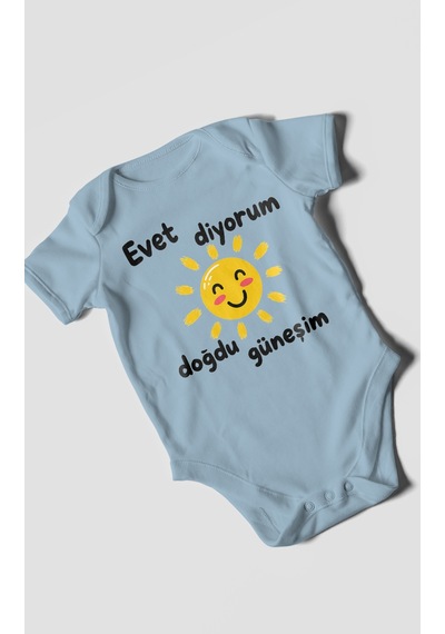 Morivokids Evet Diyorum Doğdu Güneşim Kısa Kollu Bebek Body %100 Pamuk Bebe Mavisi