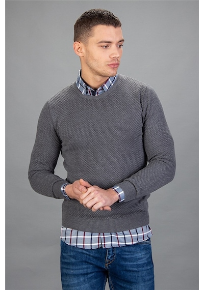 Tudors Slim Fit Dar Kesim Bisiklet Yaka Petek Desenli Erkek Kazak-15154 Gri