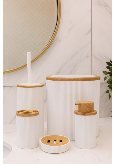 Makri Home Beyaz Bambu Desenli 5 Parça Banyo Seti Çöp Kovası, Wc Fırçalık, Sıvı Sabunluk, Diş Fırçalık,sabunluk