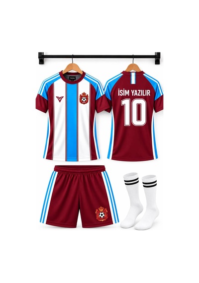 Sonvadi İsim Yazılır Çocuk Futbol Forması Takımı Bordo Beyaz 3 Parça Çorap Bordo
