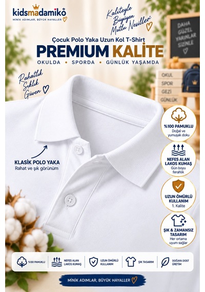 Kidsmadamiko Kız Çocuk Kız Çocuk Polo Yaka T-shirt Uzun Kollu Manşetli %100 Beyaz