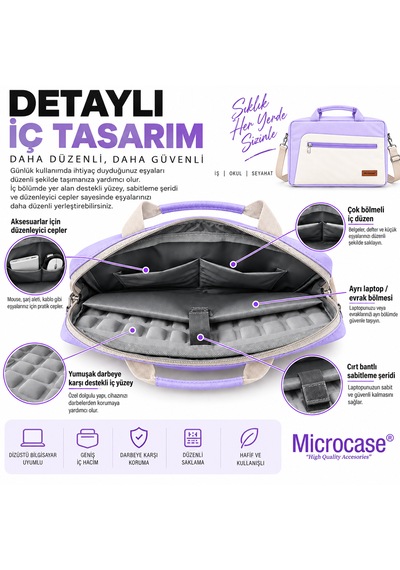 Microcase Apple MacBook Pro 14 İnch M4 2024 İle Uyumlu Apple MacBook Taşıma Çantası Omuz Askılı Çok Bölmeli Al5694 Lila