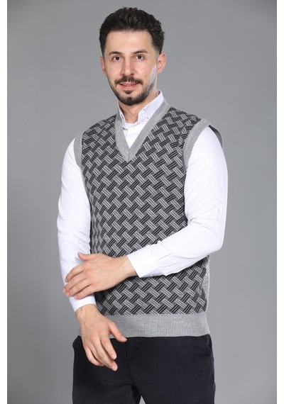 Kzc Tekstil Erkek Baba Ve Orta Yaş Desenli Akrilik Kalın Dokulu V Yaka Triko Süveter Açık Gri