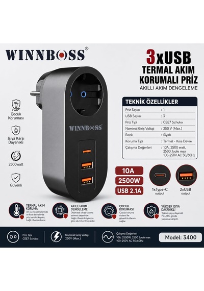 Coverzone 3 Usb Termal Akım Korumalı Priz 1 Type-c 2 Usb Çıkışlı