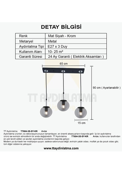 Tt604-3s-sy-kr Tt Ayd. Mat Siyah - Krom 3 Lü Tijli Glop Sıralı Siyah-Krom