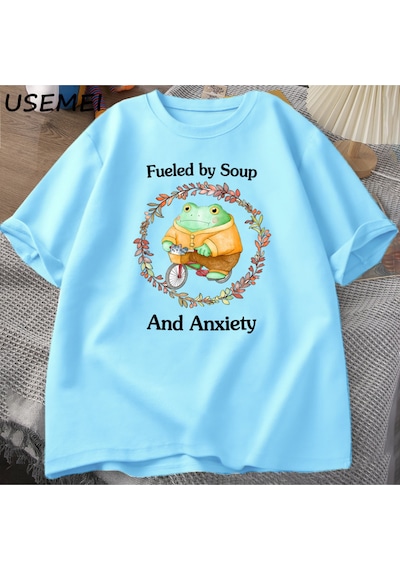 Flood Of Style Çorba Ve Anksiyete T-shirt Komik Kurbağa Grafik Tshirt Pamuk Kısa Kollu T Shirt Unisex Baskıl Mavi