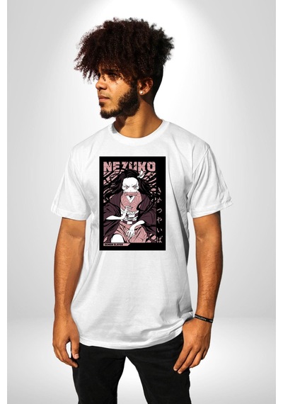 Nezuko Demon Slayer Unisex Unisex Beyaz Organik Baskılı T-shirt Penye Yüksek Kalite Beyaz
