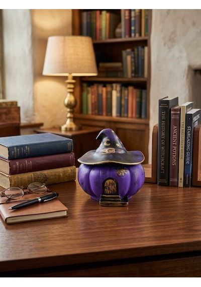 Mor Halloween Temalı Kapaklı Balkabağı Büyücü Şapkalı Dekoratif Obje Hediyelik Saklama Kutusu Biblo