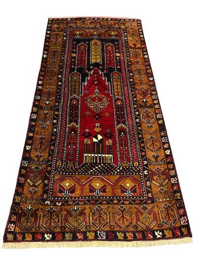 El Dokuma Eski Büyük Yahyalı Halısı 123x265 Kök Boya %100 Yün Halı Kırmızı