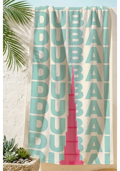 Dubai Şehir Temalı Modern Plaj Havlusu-turkuaz Pembe Tipografik Havuz Deniz Hızlı Kuruyan Örtü Havlu Donuk Çiçeği