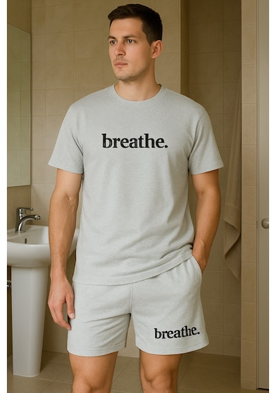 Unisex Breathe Baskılı Bisiklet Yaka Gri T-shirt Gri Şort Gri