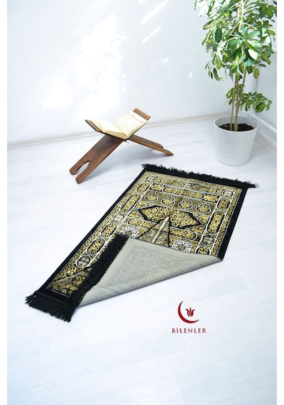 Kabe Kapısı Desenli Lüks Kadife Dokuma Seccade Siyah-beyaz