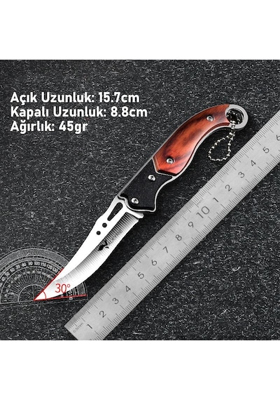 Valkyrie Paslanmaz Çelik Mini Katlanır Kamp Bıçak Kavisli Keskin Kamp Bıçak, Plastik Tutma, Anahtarlık Halkalı Kahverengi