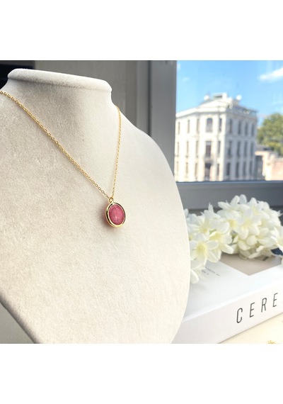 Doğaltaş Kolye Pembe Kuvars Kolye Kaplama Çerçeveli Gold 45cm Gold