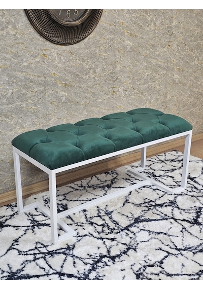 Zafir Beyaz Boyalı - L - Ayaklı 100 Cm X 38 Cm Oturak - Bench - Makyaj Taburesi - Makyaj Oturak Yeşil