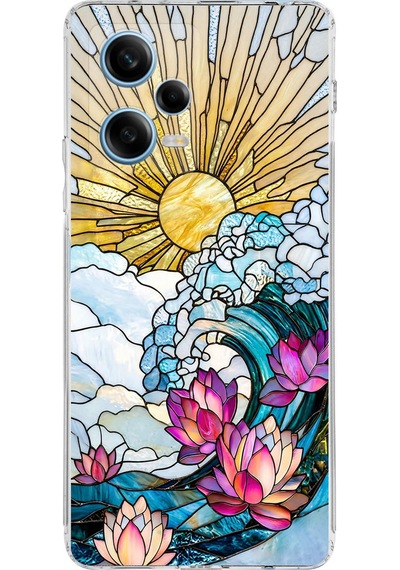 Printify Redmi Note 12 Pro 5g İle Uyumlu Vitray Okyanus Sabahı Tasarımlı Şeffaf Silikon Kılıf Şeffaf